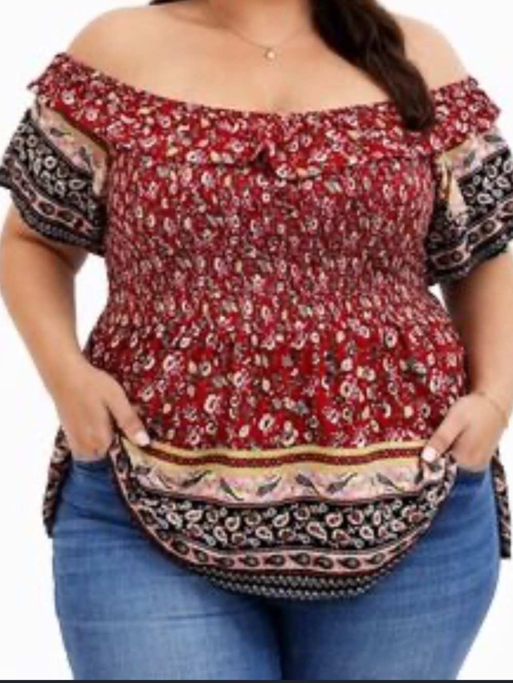 Maurices Red Floral Off-Shoulder Boho Top with Border Print